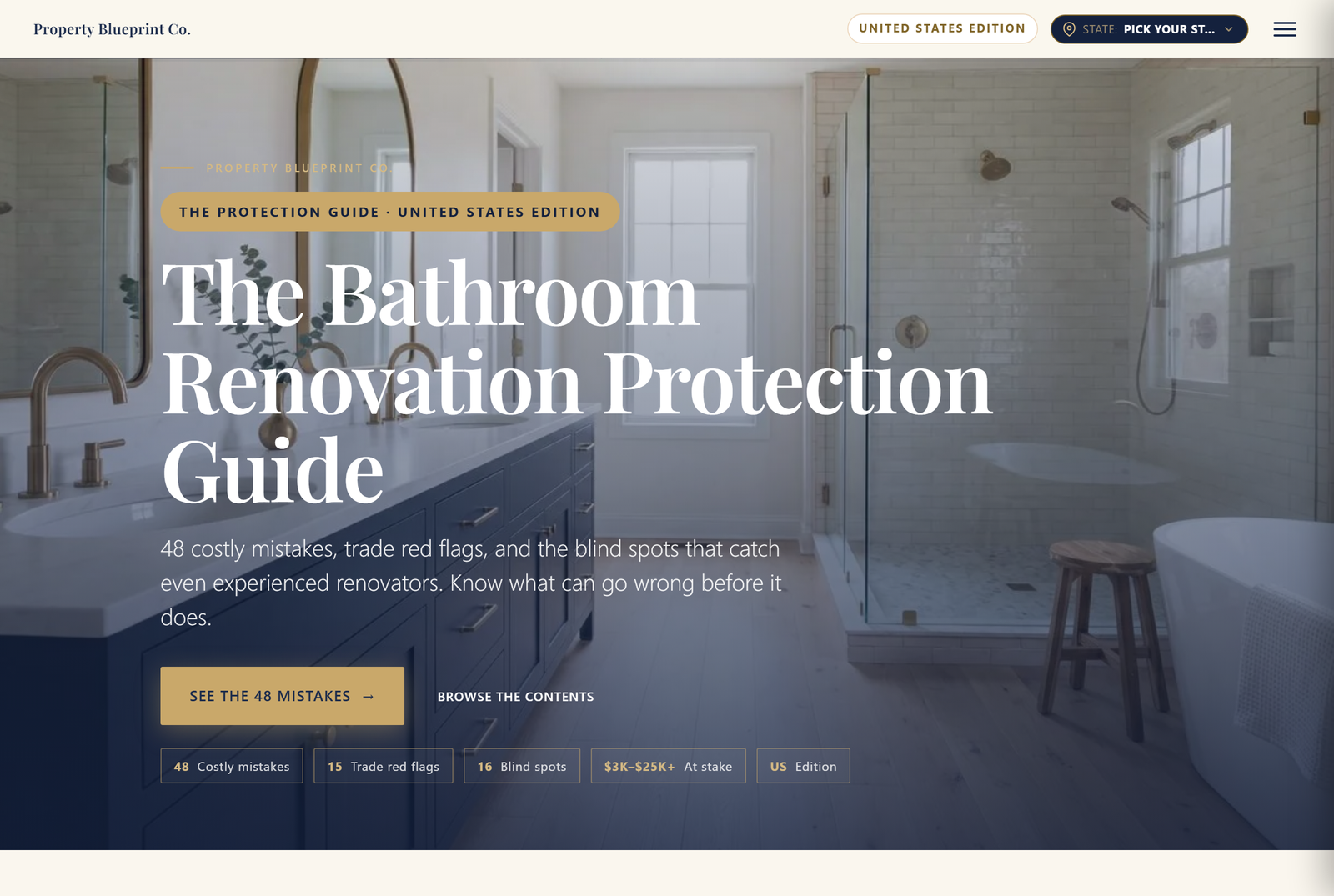 Module 2 — The Bathroom Renovation Protection Guide US: 48 costly mistakes, 15 trade red flags, 16 blind spots, $3K–$30K+ at stake