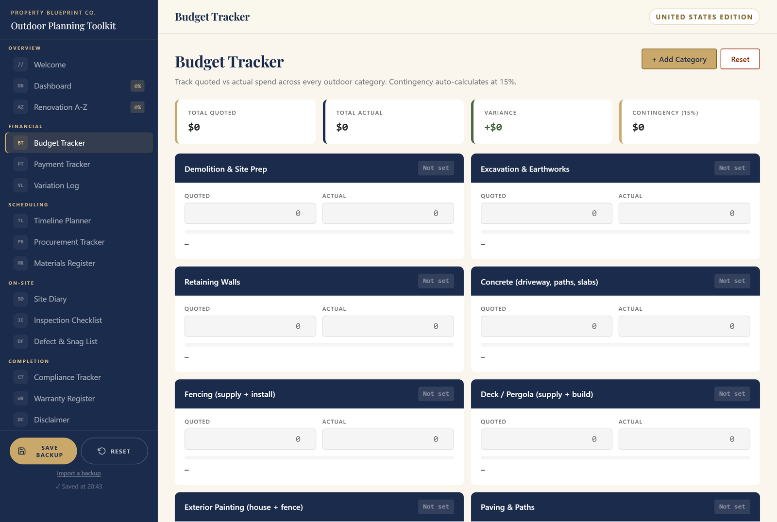 Module 3 — The Outdoor Planning Toolkit US: the live Budget Tracker showing Total Quoted, Total Actual, Variance and 15% Contingency across US outdoor categories