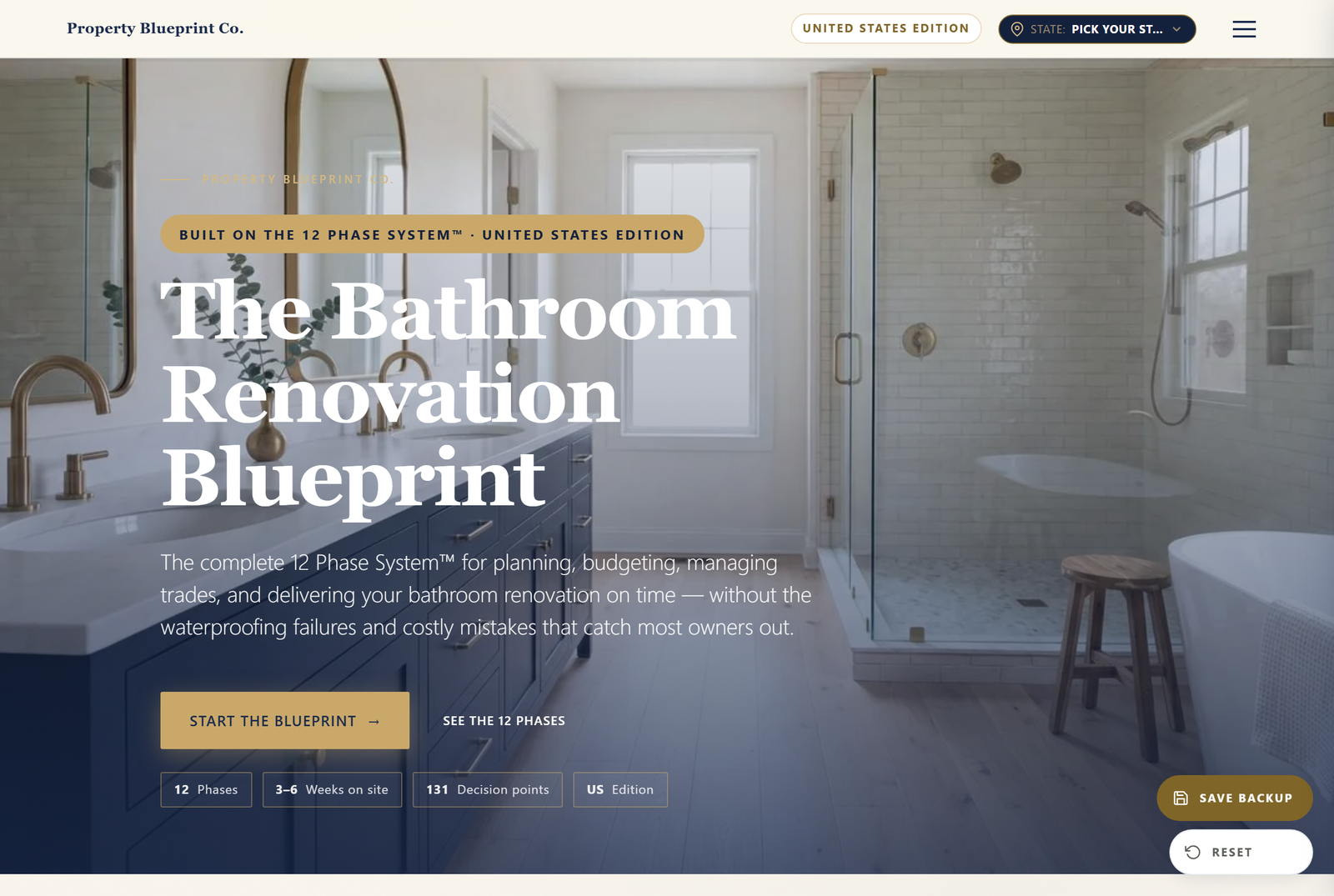 Module 1 — The Bathroom Renovation Blueprint US: the 12 Phase System hero with 12 phases, 3–6 weeks on site and 131 decision points
