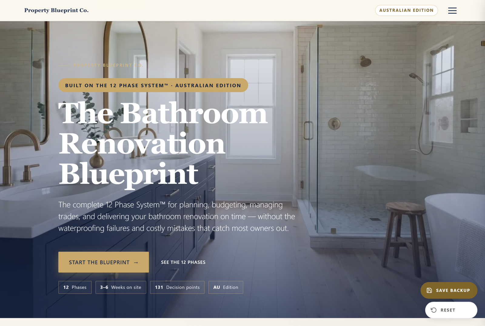Module 1 — The Bathroom Renovation Blueprint AU: the 12 Phase System hero with 12 phases, 3–6 weeks on site and 131 decision points
