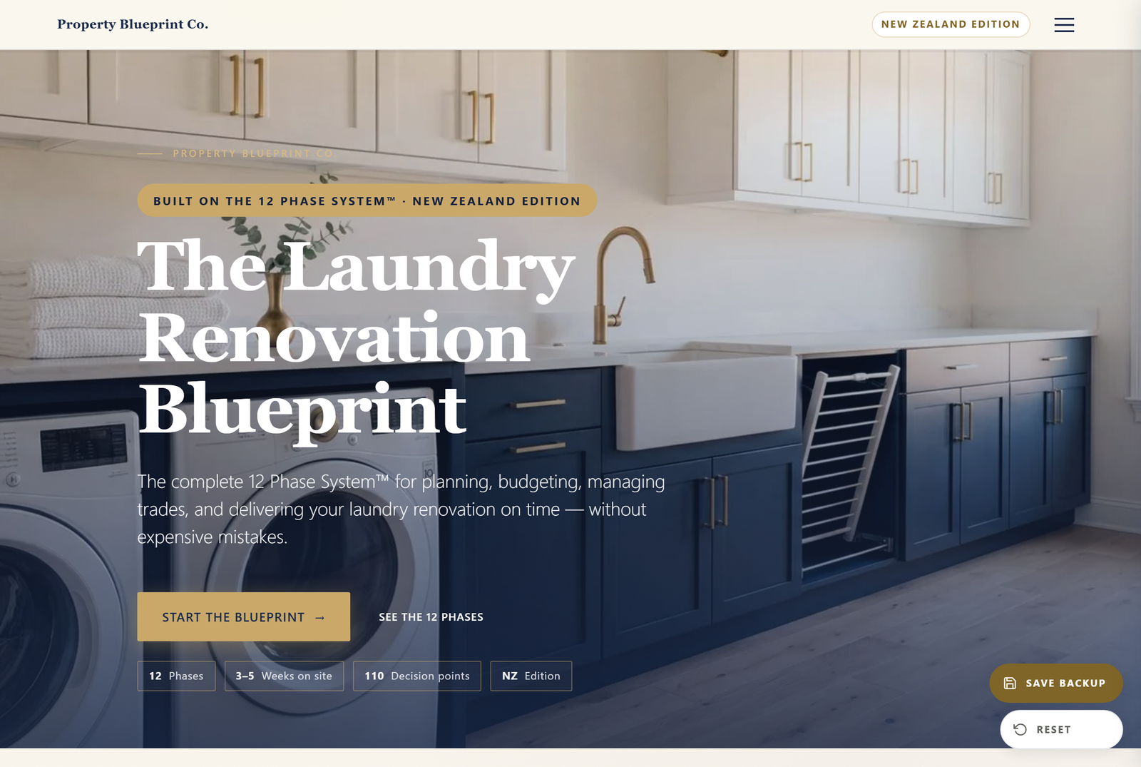 Module 1 — The Laundry Renovation Blueprint NZ: the 12 Phase System hero with 12 phases, 3–5 weeks on site and 110 decision points