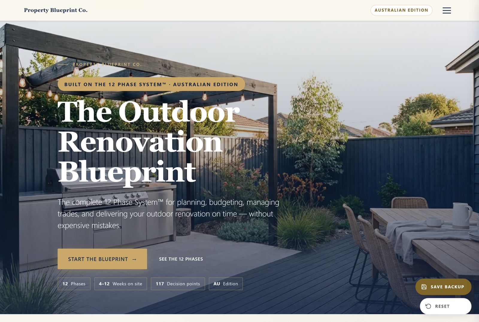 Module 1 — The Outdoor Renovation Blueprint AU: the 12 Phase System hero with 12 phases, 4–10 weeks on site and 117 decision points