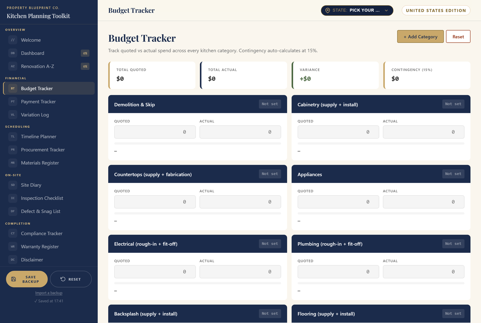 Module 3 — The Kitchen Planning Toolkit US: the live Budget Tracker showing Total Quoted, Total Actual, Variance and 15% Contingency across US kitchen categories