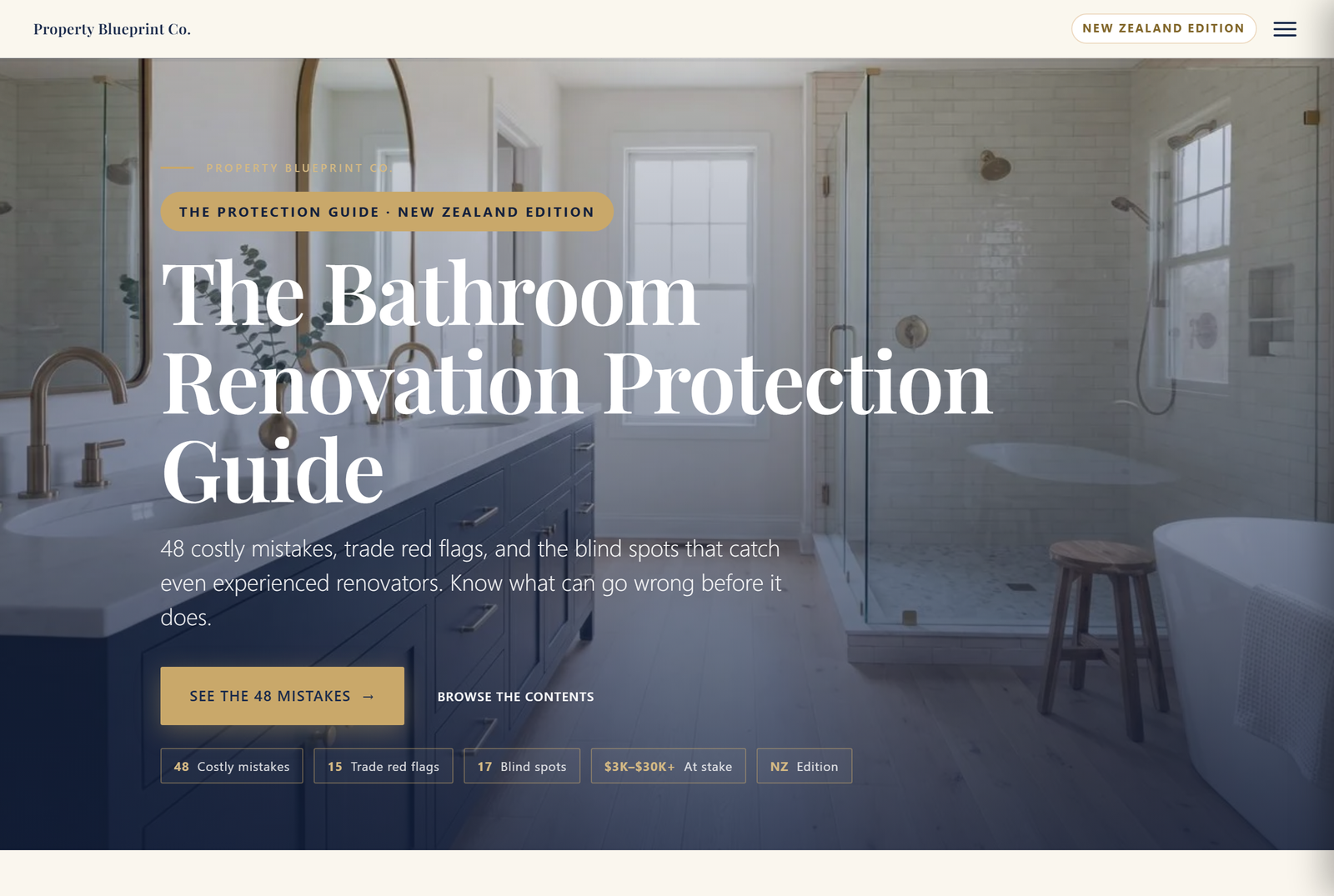 Module 2 — The Bathroom Renovation Protection Guide NZ: 48 costly mistakes, 15 trade red flags, 16 blind spots, $3K–$30K+ at stake