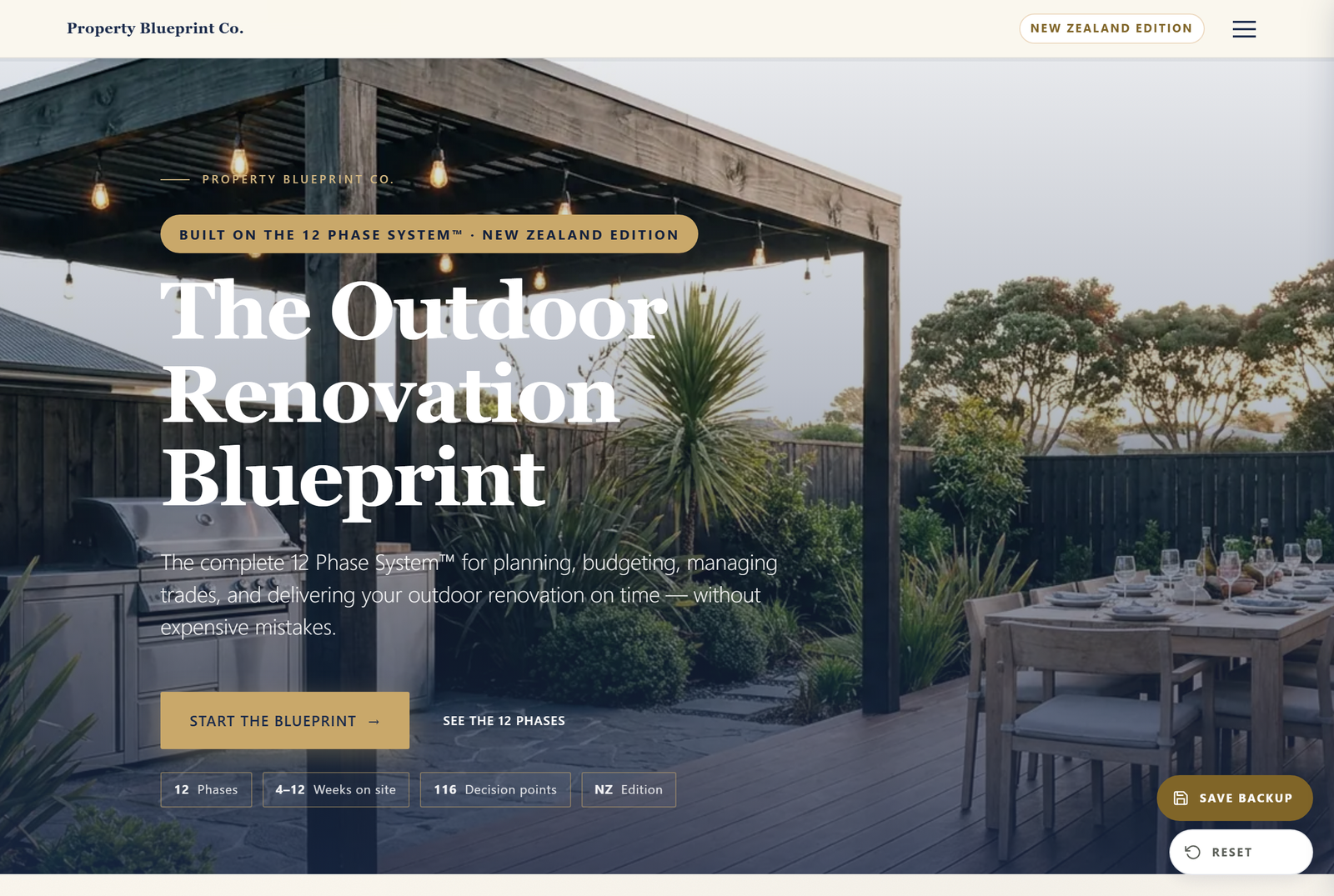 Module 1 — The Outdoor Renovation Blueprint NZ: the 12 Phase System hero with 12 phases, 6–12 weeks on site and 117 decision points