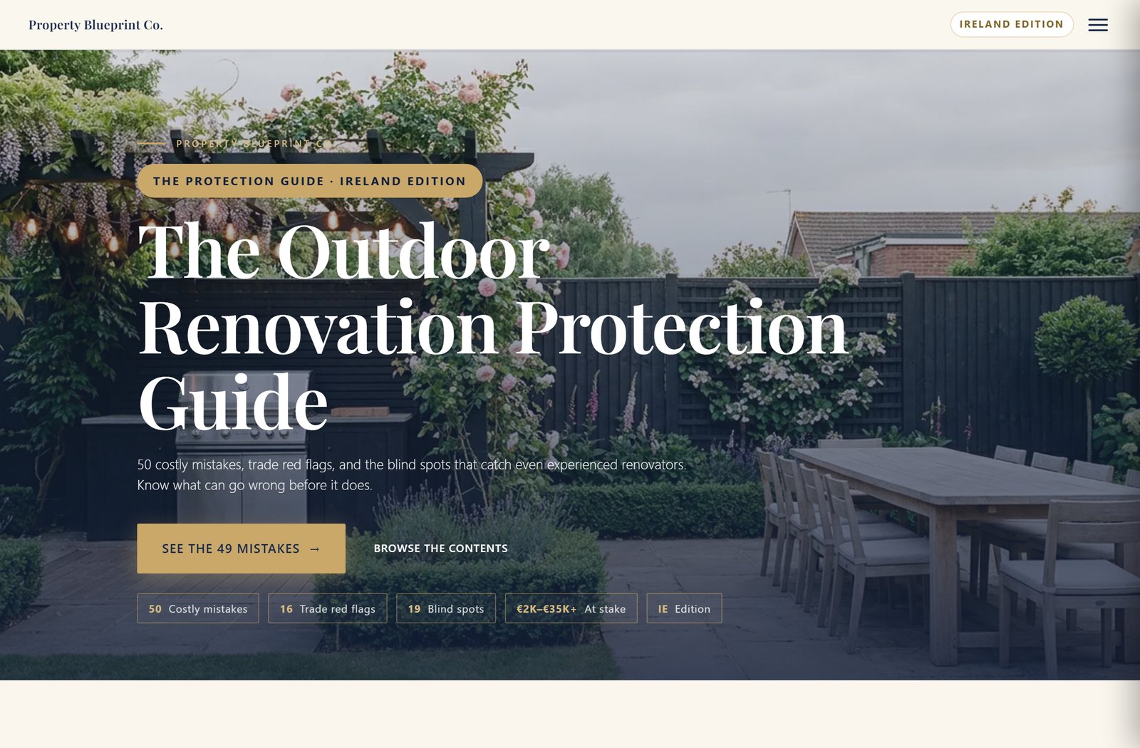 Module 2 — The Outdoor Renovation Protection Guide IE: 49 costly mistakes, 16 trade red flags, 17 blind spots, €3K–€30K+ at stake