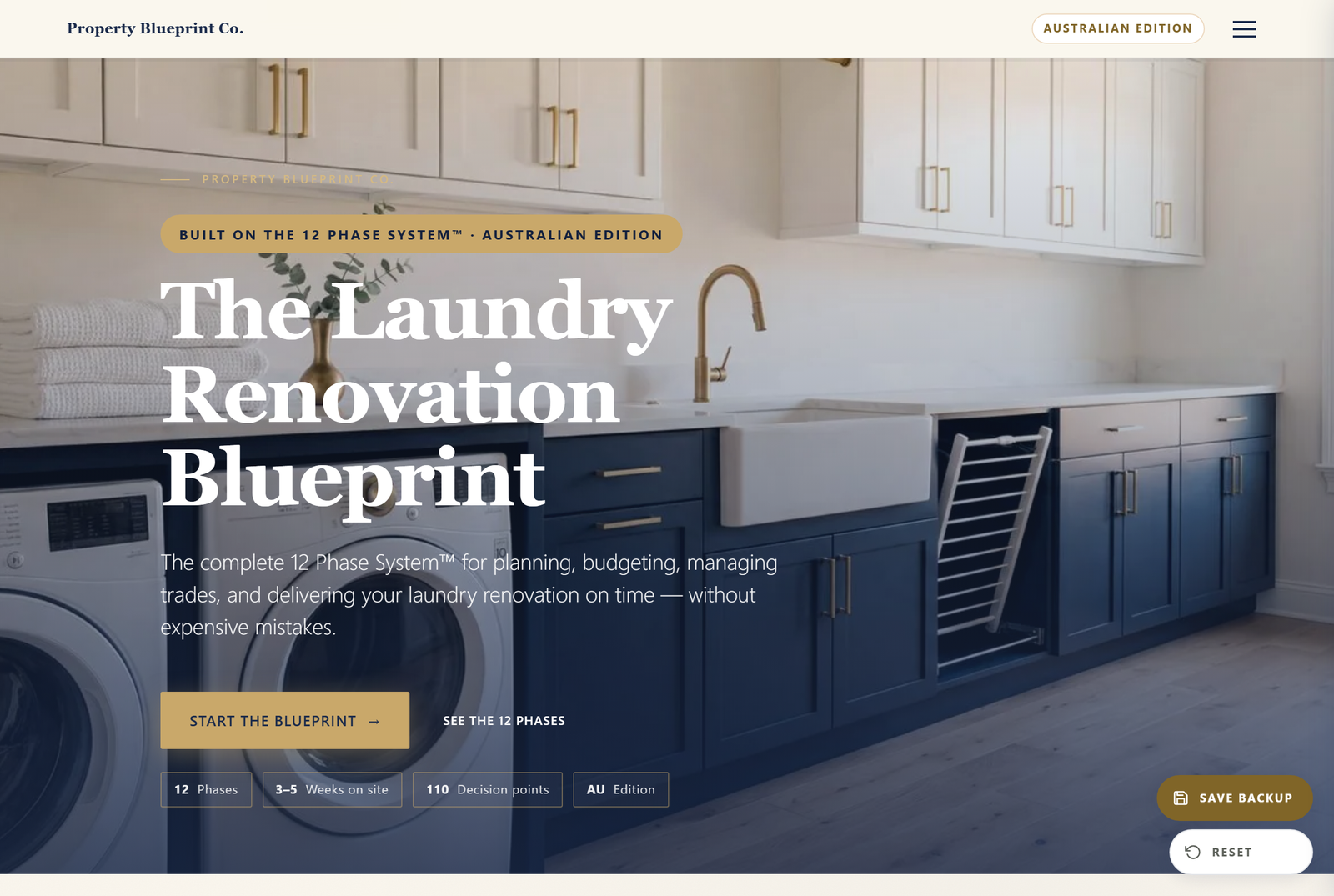Module 1 — The Laundry Renovation Blueprint AU: the 12 Phase System hero with 12 phases, 3–5 weeks on site and 110 decision points