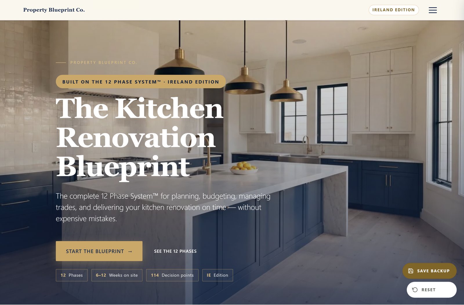 Module 1 — The Kitchen Renovation Blueprint Ireland: the 12 Phase System hero with 12 phases, 6–12 weeks on site and 114 decision points