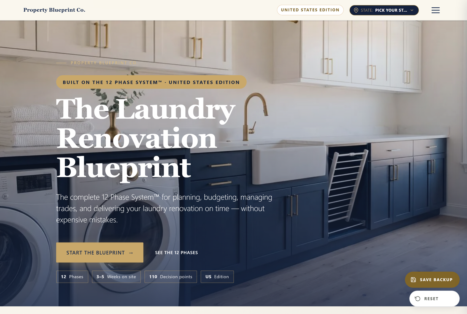 Module 1 — The Laundry Renovation Blueprint US: the 12 Phase System hero with 12 phases, 3–5 weeks on site and 110 decision points