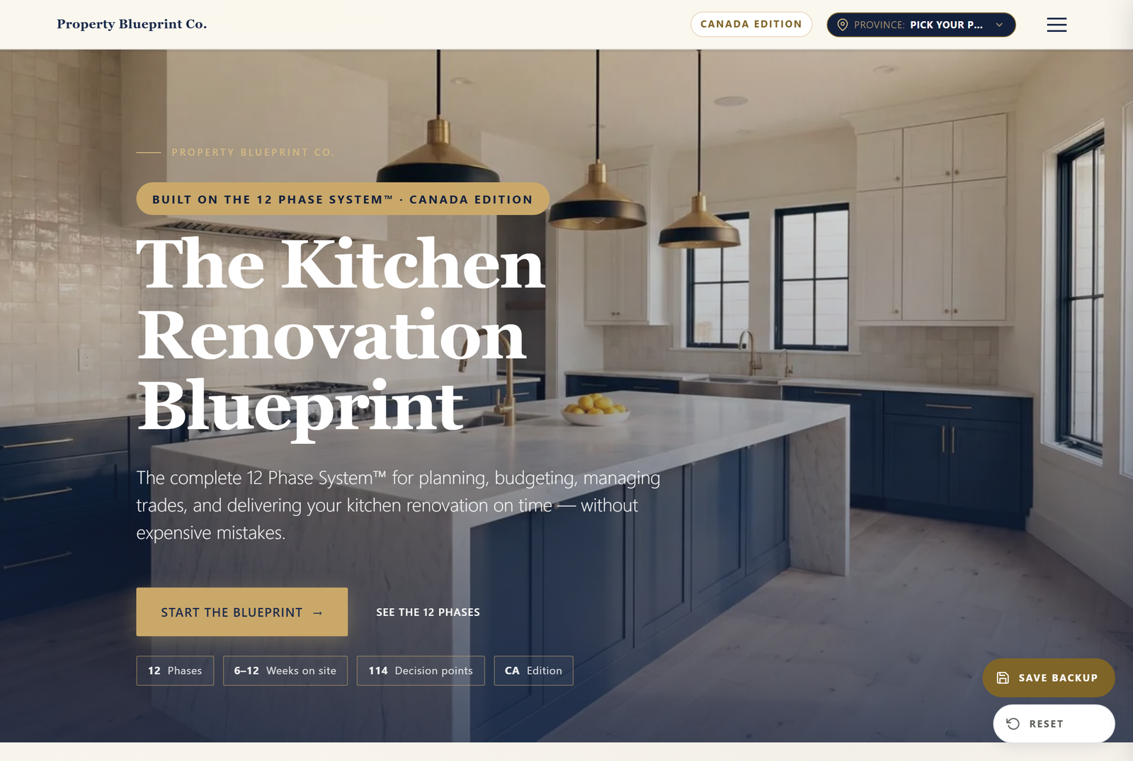 Module 1 — The Kitchen Renovation Blueprint CA: the 12 Phase System hero with 12 phases, 6–12 weeks on site and 114 decision points
