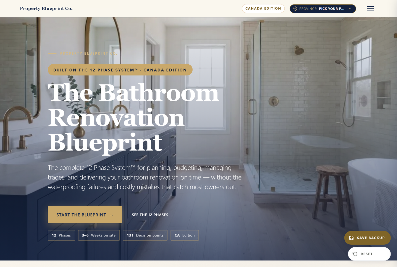 Module 1 — The Bathroom Renovation Blueprint CA: the 12 Phase System hero with 12 phases, 3–6 weeks on site and 131 decision points