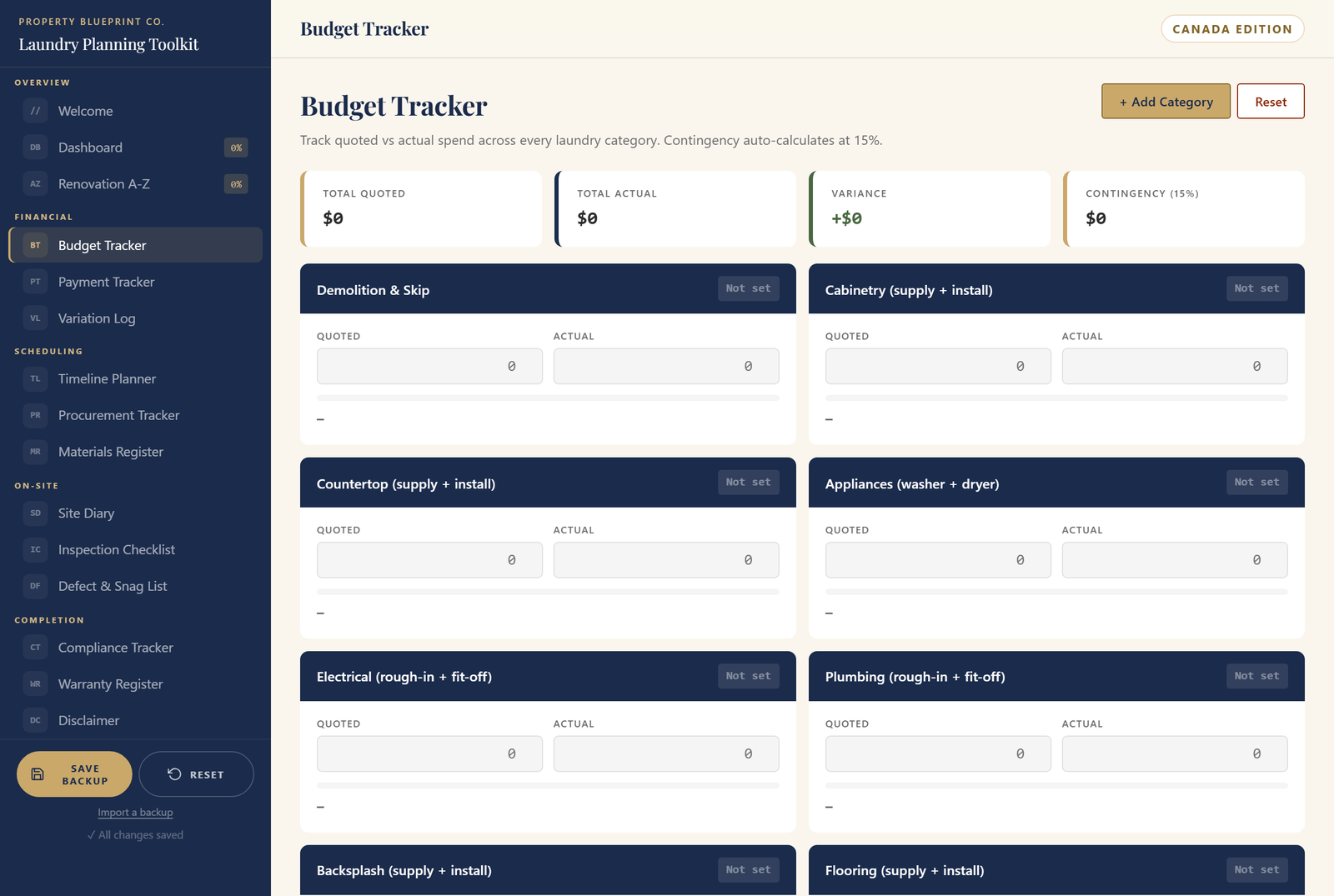 Module 3 — The Laundry Planning Toolkit CA: the live Budget Tracker showing Total Quoted, Total Actual, Variance and 15% Contingency across Canadian laundry categories
