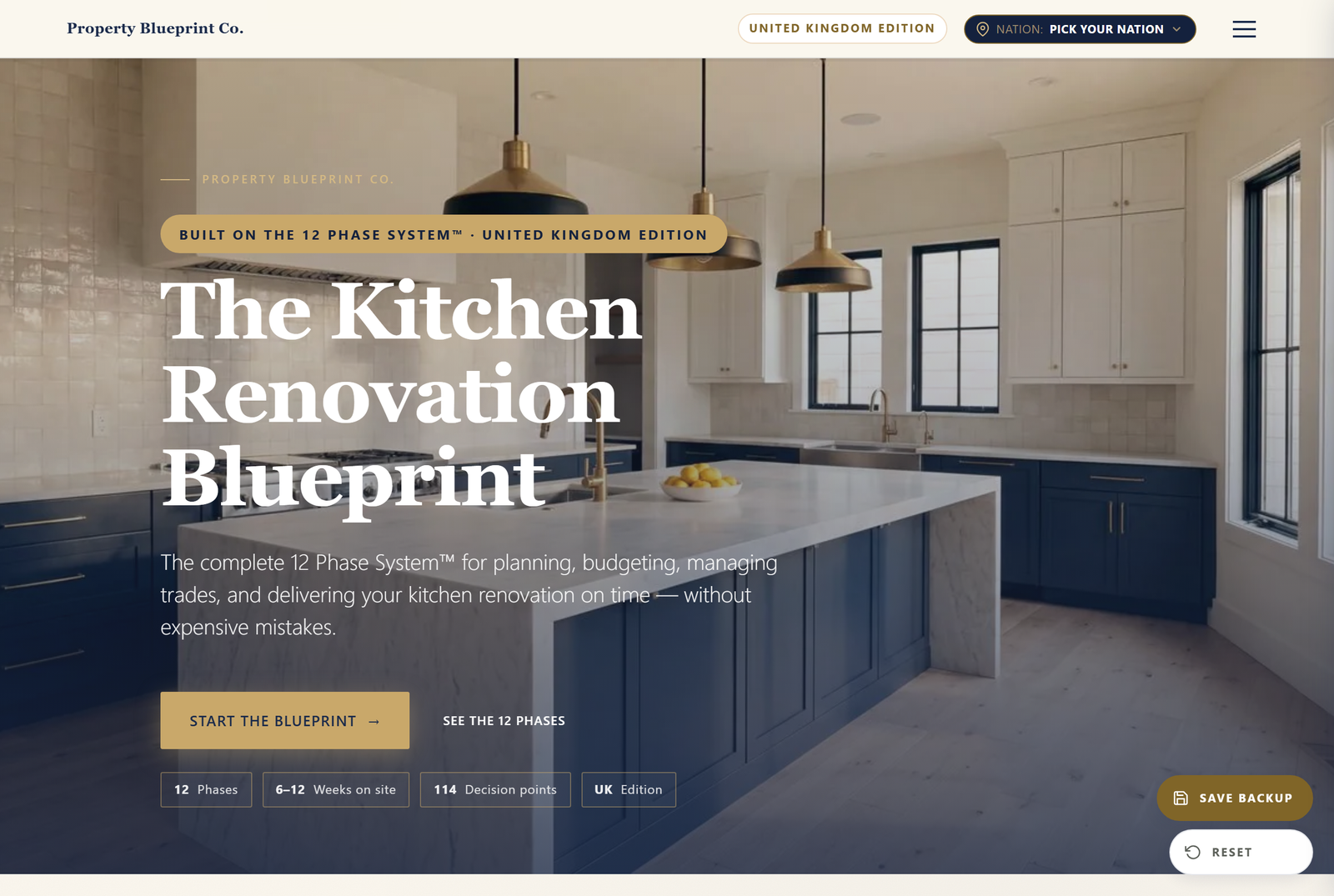 Module 1 — The Kitchen Renovation Blueprint UK: the 12 Phase System hero with 12 phases, 6–12 weeks on site and 114 decision points