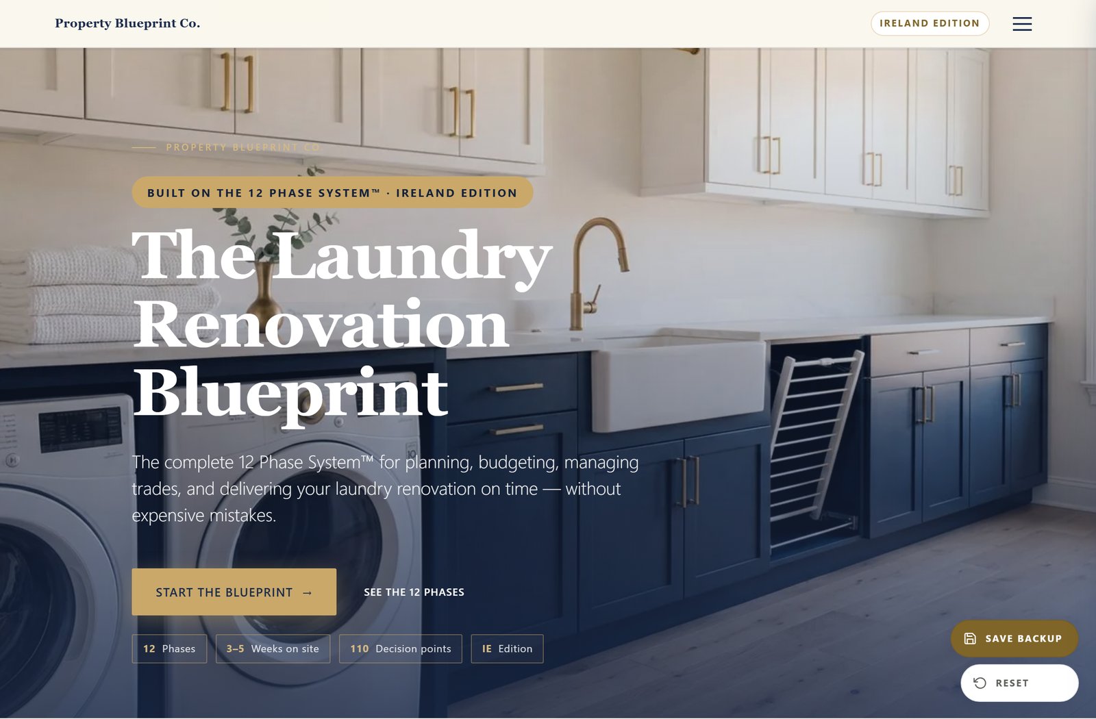 Module 1 — The Laundry Renovation Blueprint Ireland: the 12 Phase System hero with 12 phases, 3–5 weeks on site and 110 decision points