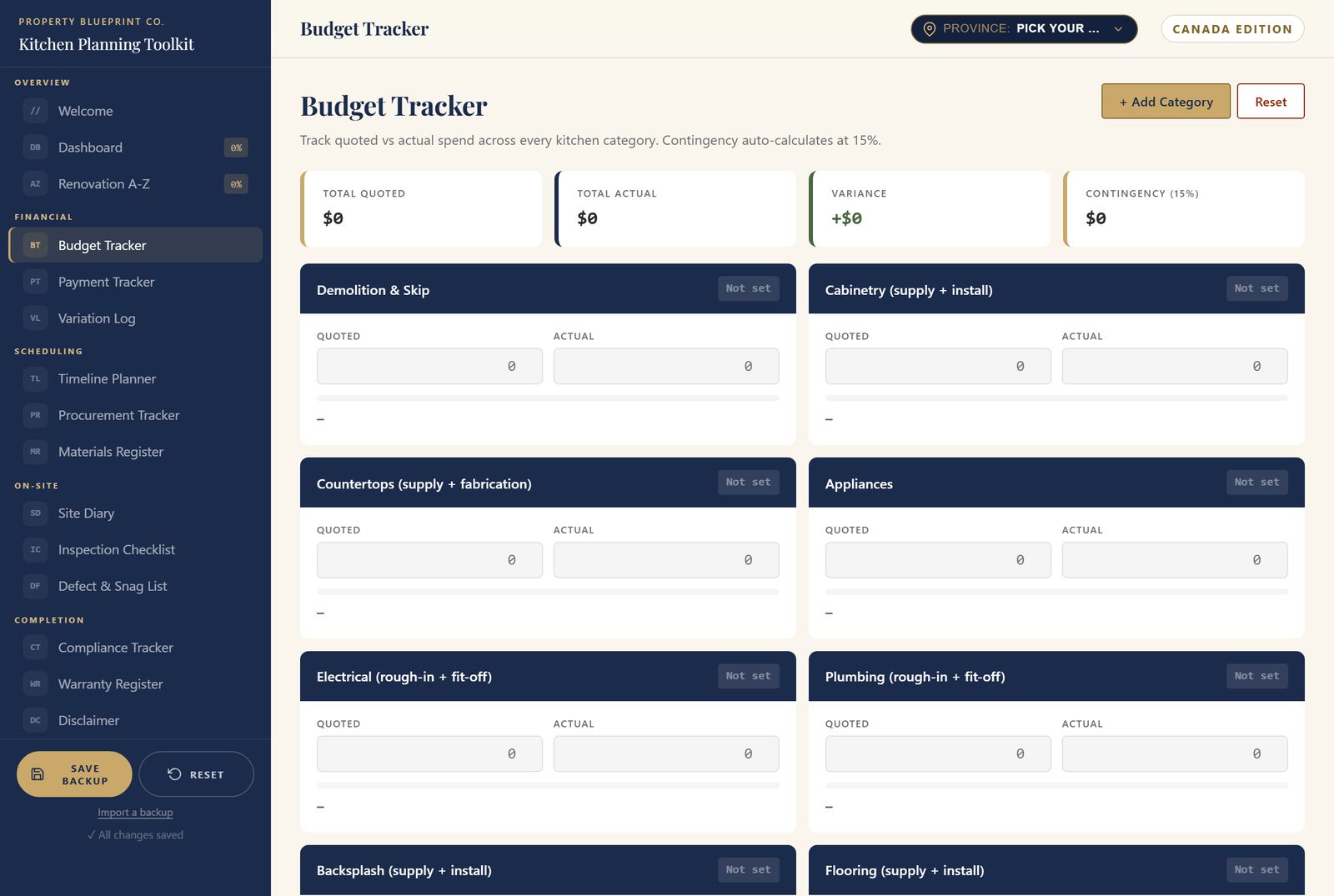 Module 3 — The Kitchen Planning Toolkit CA: the live Budget Tracker showing Total Quoted, Total Actual, Variance and 15% Contingency across Canadian kitchen categories