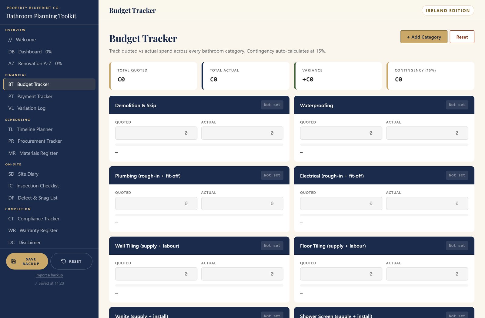 Module 3 — The Bathroom Planning Toolkit IE: the live Budget Tracker showing Total Quoted, Total Actual, Variance and 15% Contingency across Irish bathroom categories