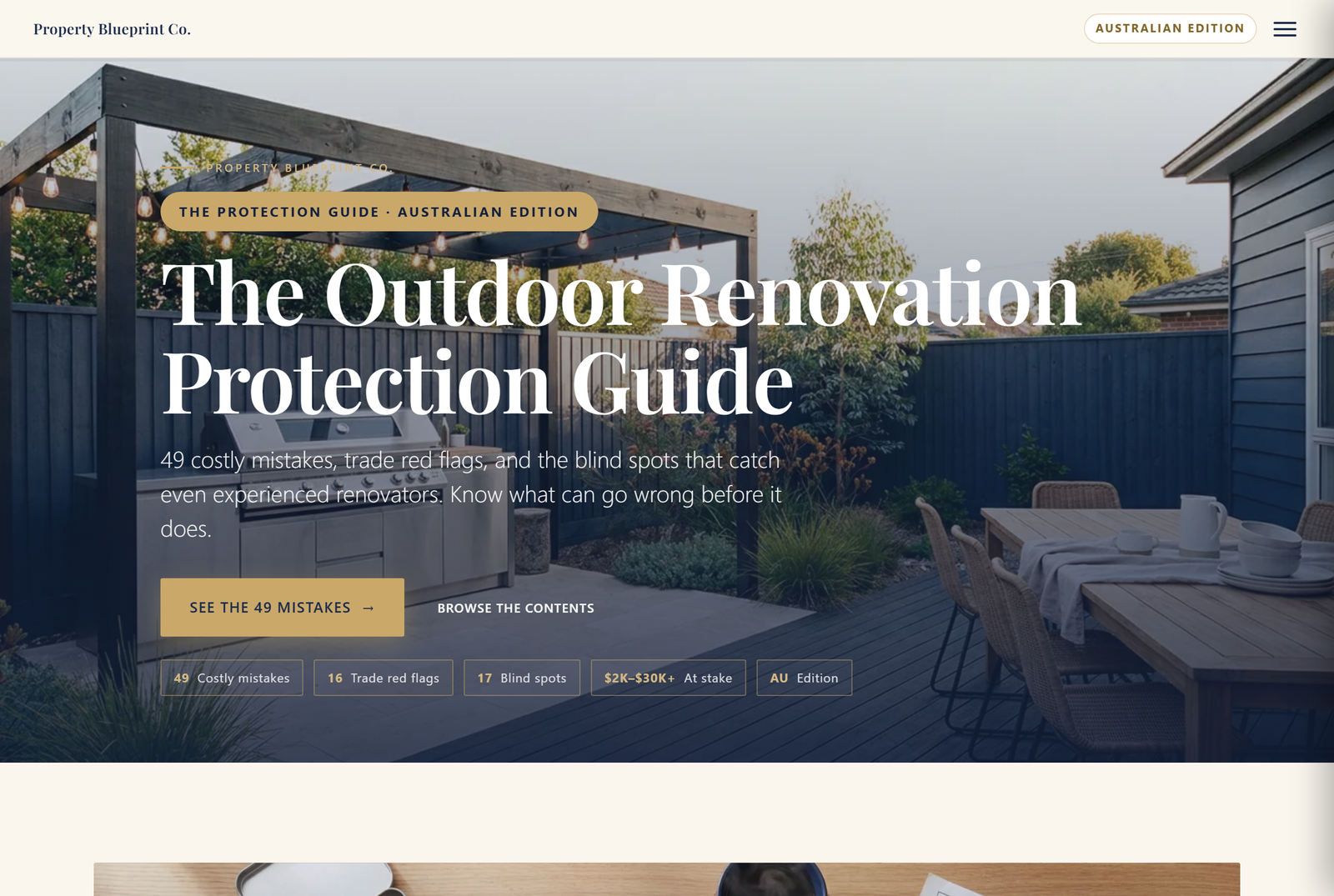 Module 2 — The Outdoor Renovation Protection Guide AU: 49 costly mistakes, 16 trade red flags, 17 blind spots, $20K–$30K+ at stake