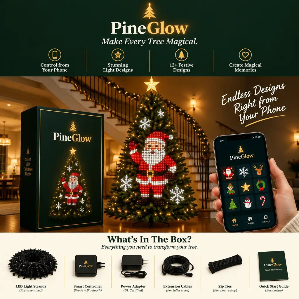 PineGlow smart LED Christmas tree lights — product overview