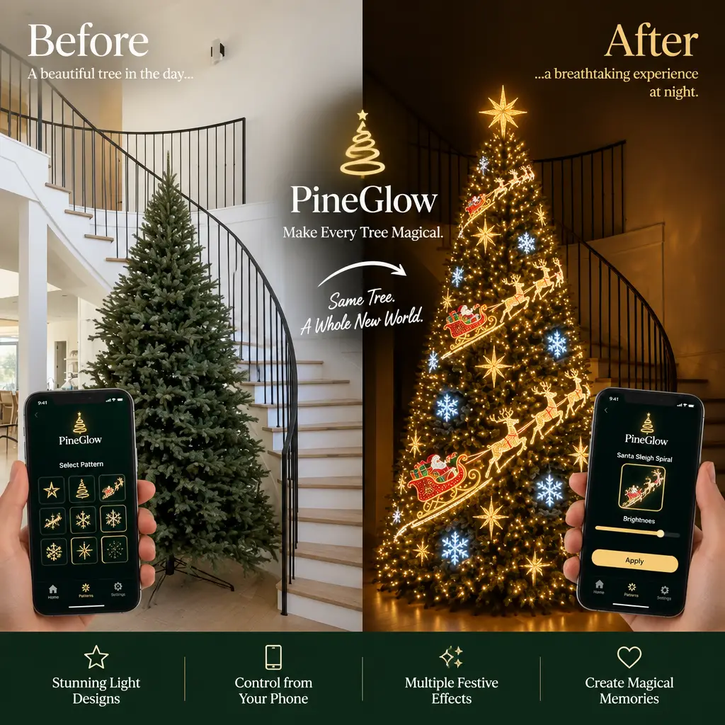 PineGlow before and after — same tree transformed at night
