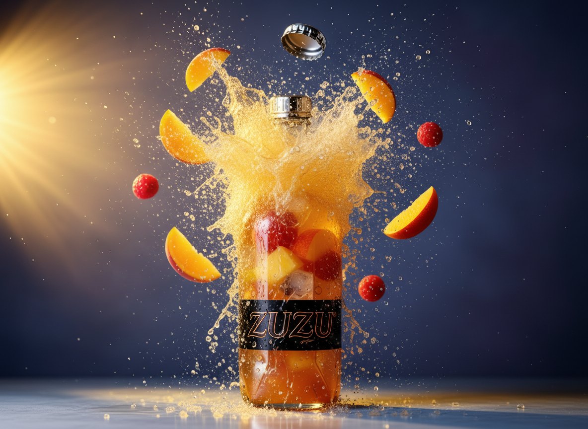 Zuzu drink bursting open with fizz and splashing fruit