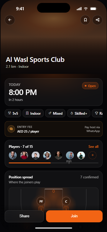 HoopingNow session detail — join and live roster
