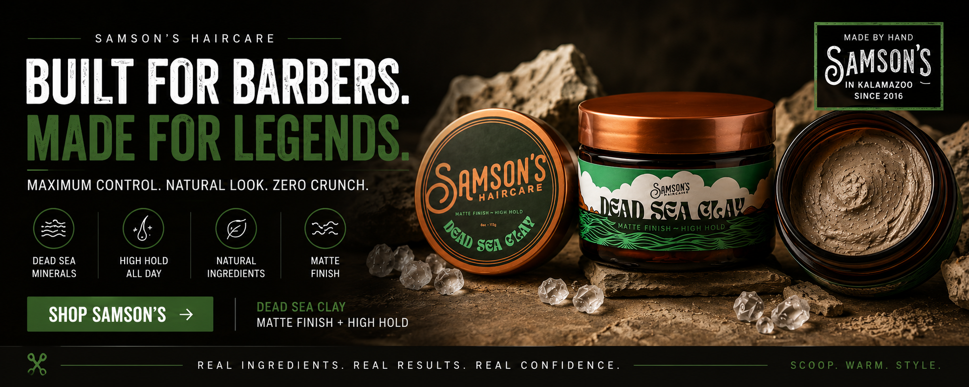 Built for barbers, made for legends — Samson's Dead Sea Clay delivers maximum control, a natural look, and zero crunch. Shop Samson's Haircare.
