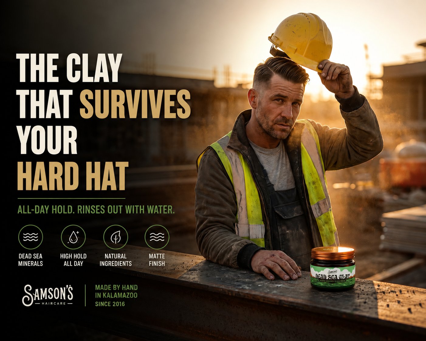 A construction worker lifting his hard hat to reveal intact matte hair on a job site, a jar of Samson's Dead Sea Clay beside him — the clay that survives your hard hat, all-day hold that rinses out with water, from Samson's Haircare