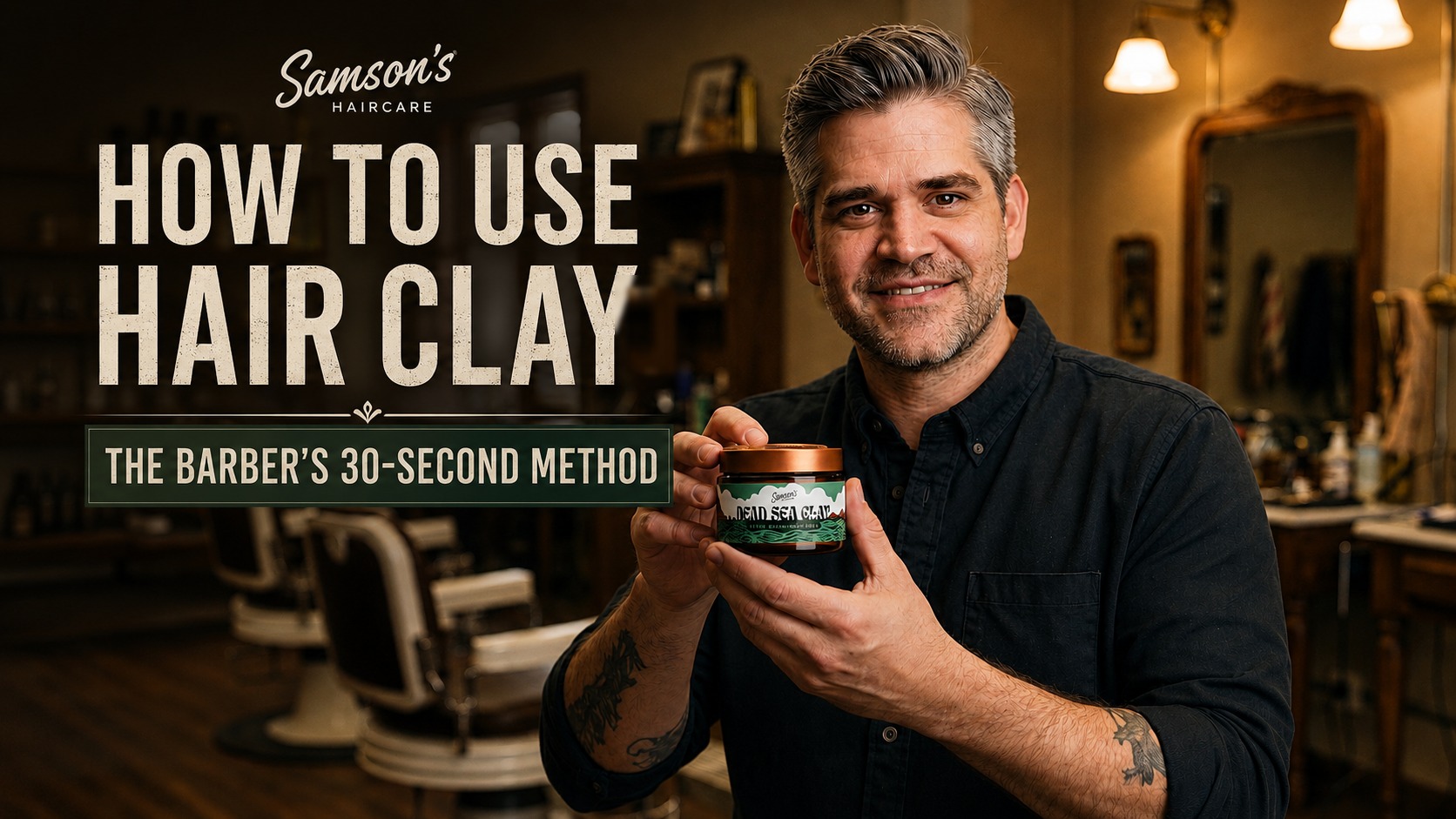 A Samson's Haircare barber standing in an empty Samson's Barbershop holding a jar of Samson's Dead Sea Clay — cover image for How to Use Hair Clay: The Barber's 30-Second Method