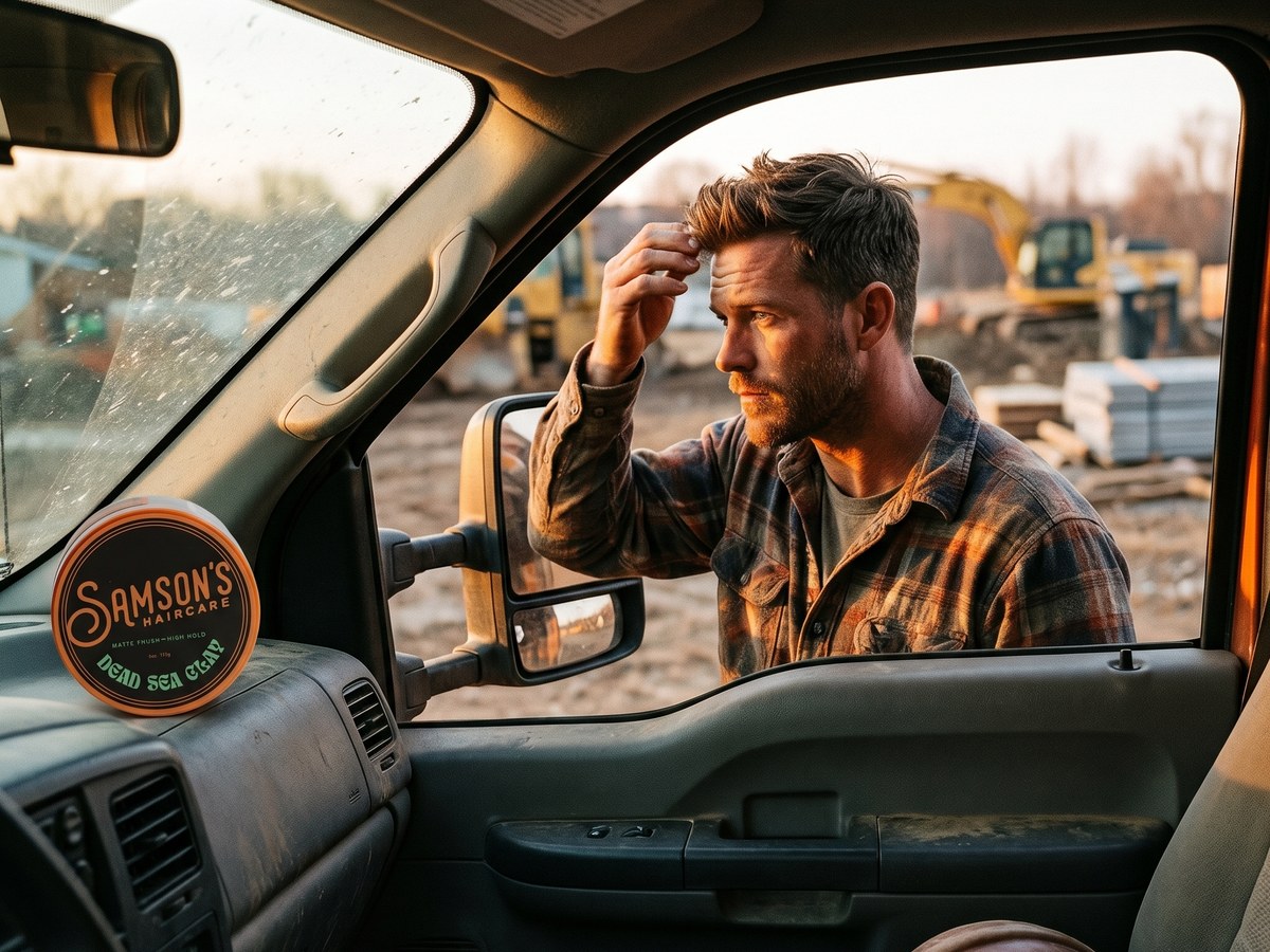 Restyling matte clay hair in the truck mirror on the job site, Samson's Dead Sea Clay jar on the dash