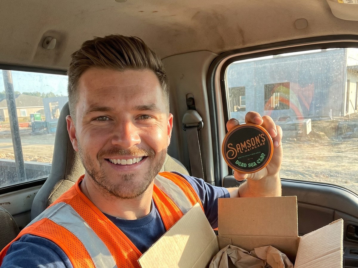 A customer in his work truck holding his Samson's Dead Sea Clay jar