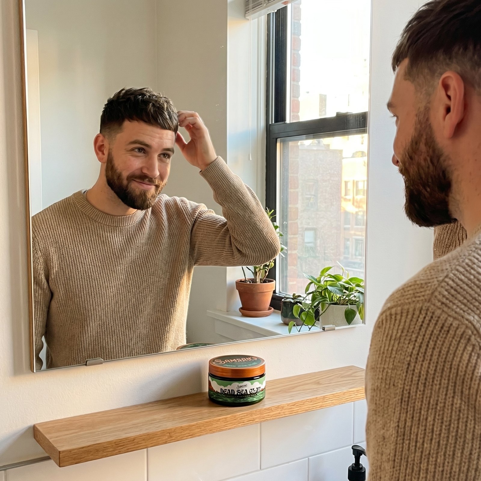 Working Samson's Dead Sea Clay through the hair at the mirror, jar on the shelf