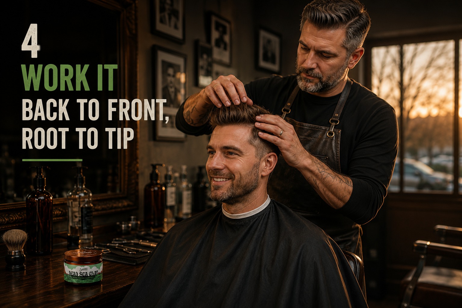 Step 4 — a Samson's Haircare barber working Samson's Dead Sea Clay through a client's hair from back to front, root to tip