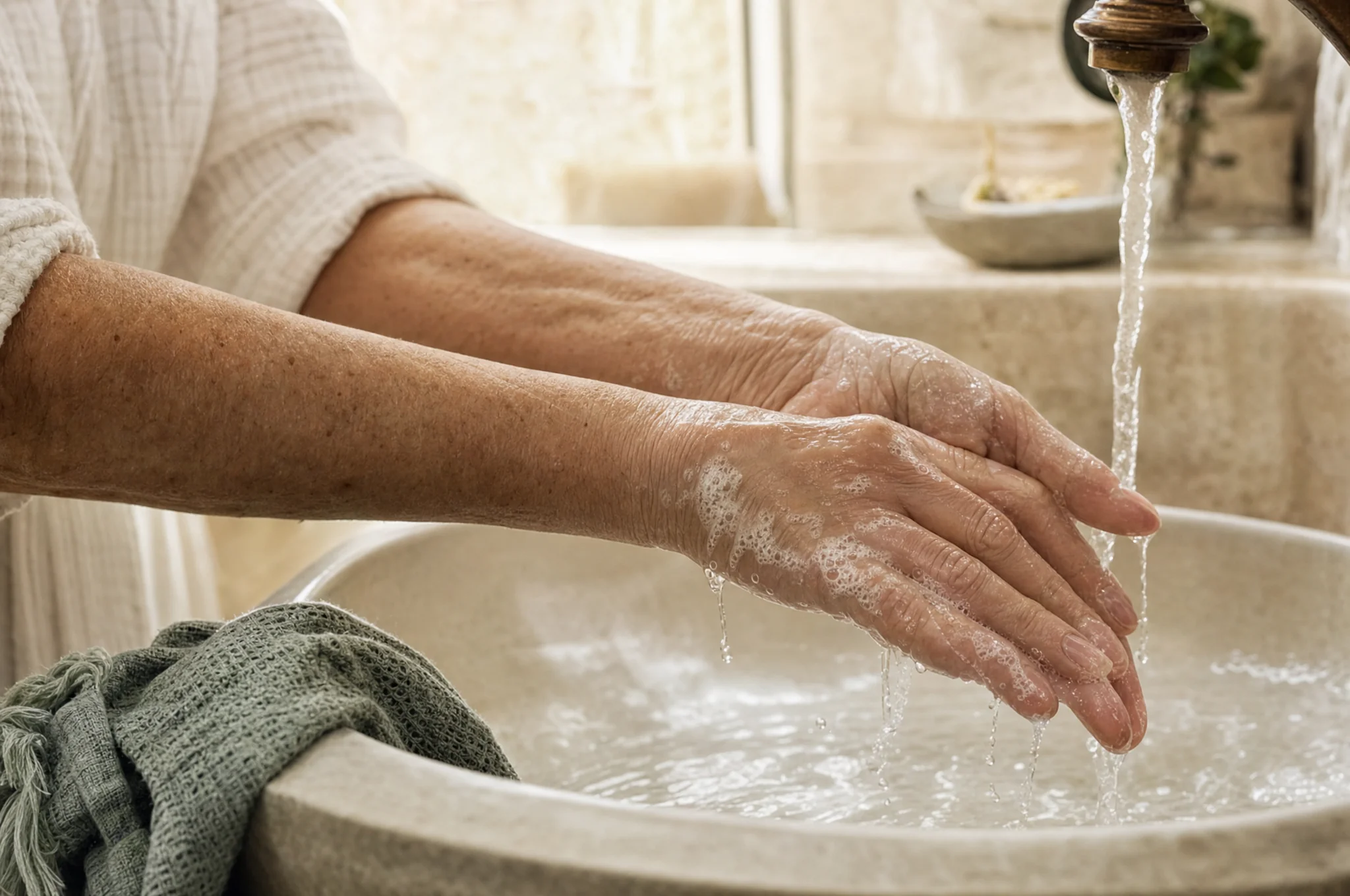 Hände werden über einem hellen Waschbecken abgespült.
