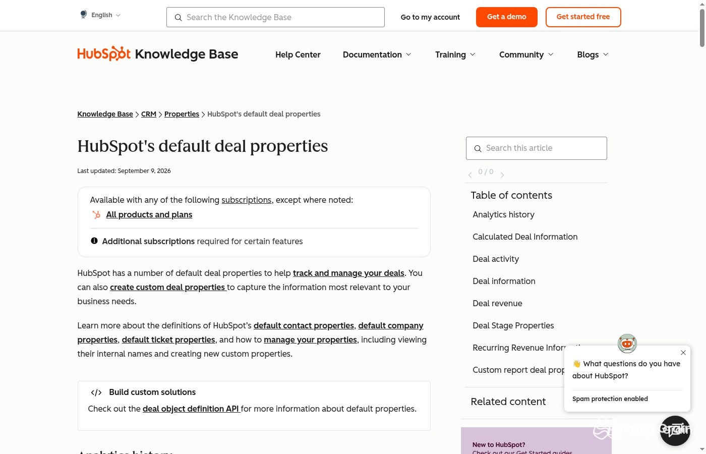 HubSpot Knowledge Base : default deal properties