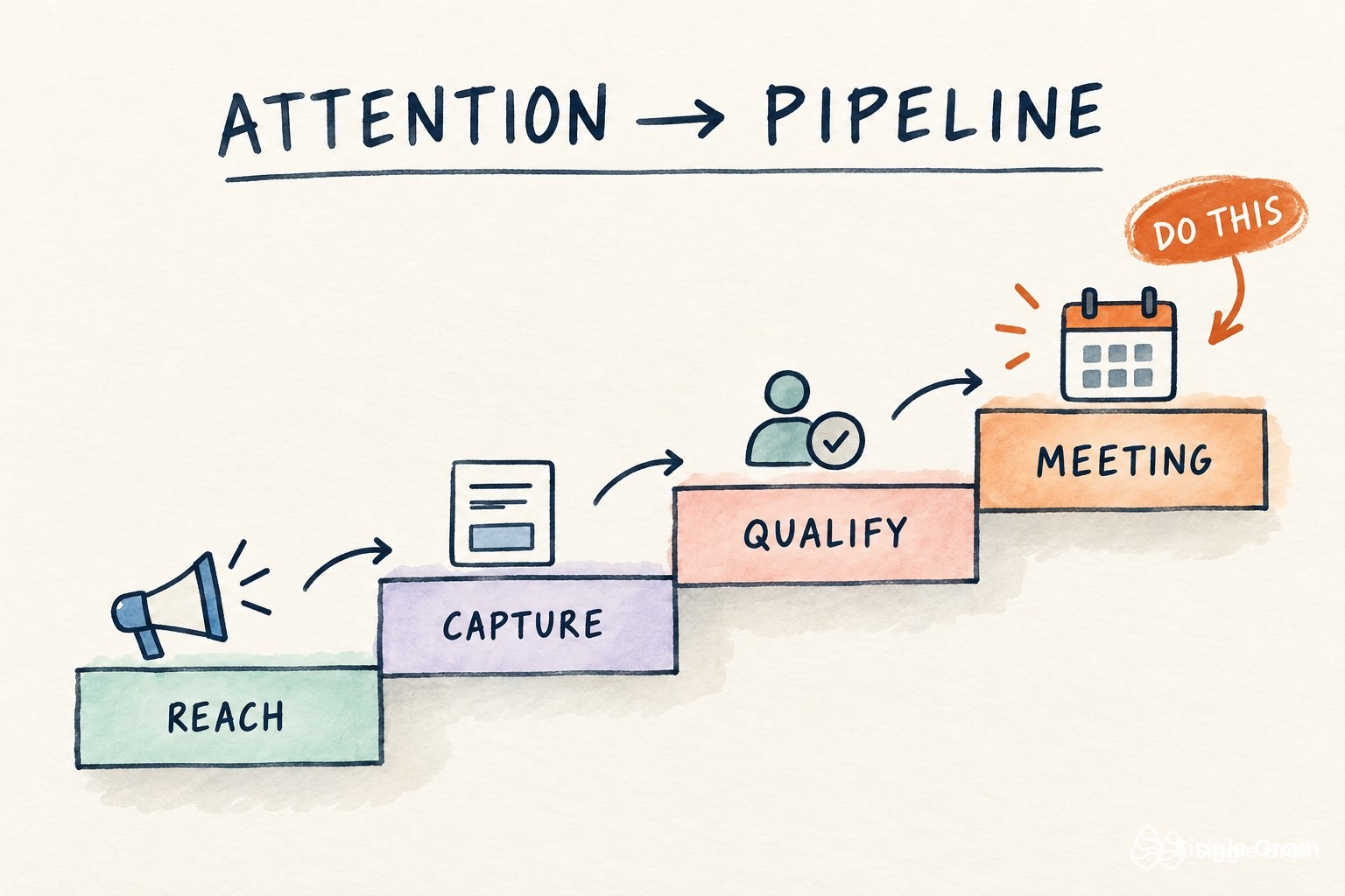 Concept diagram for Attention Is Not Pipeline: Converting Social and Webinar Reach Into Subscribers and Meetings