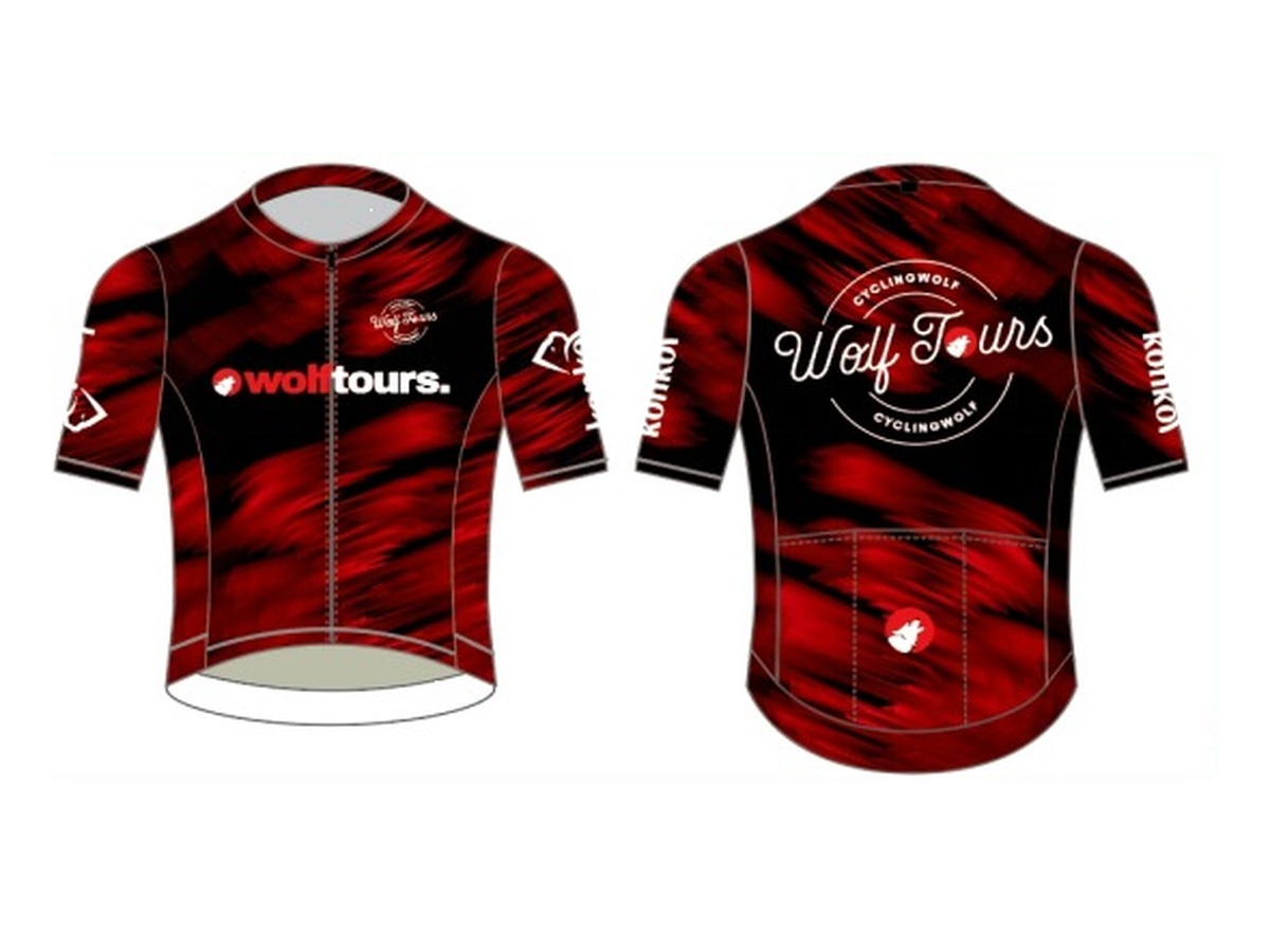 Jersey Wolf Tours rojo y negro, frente y espalda