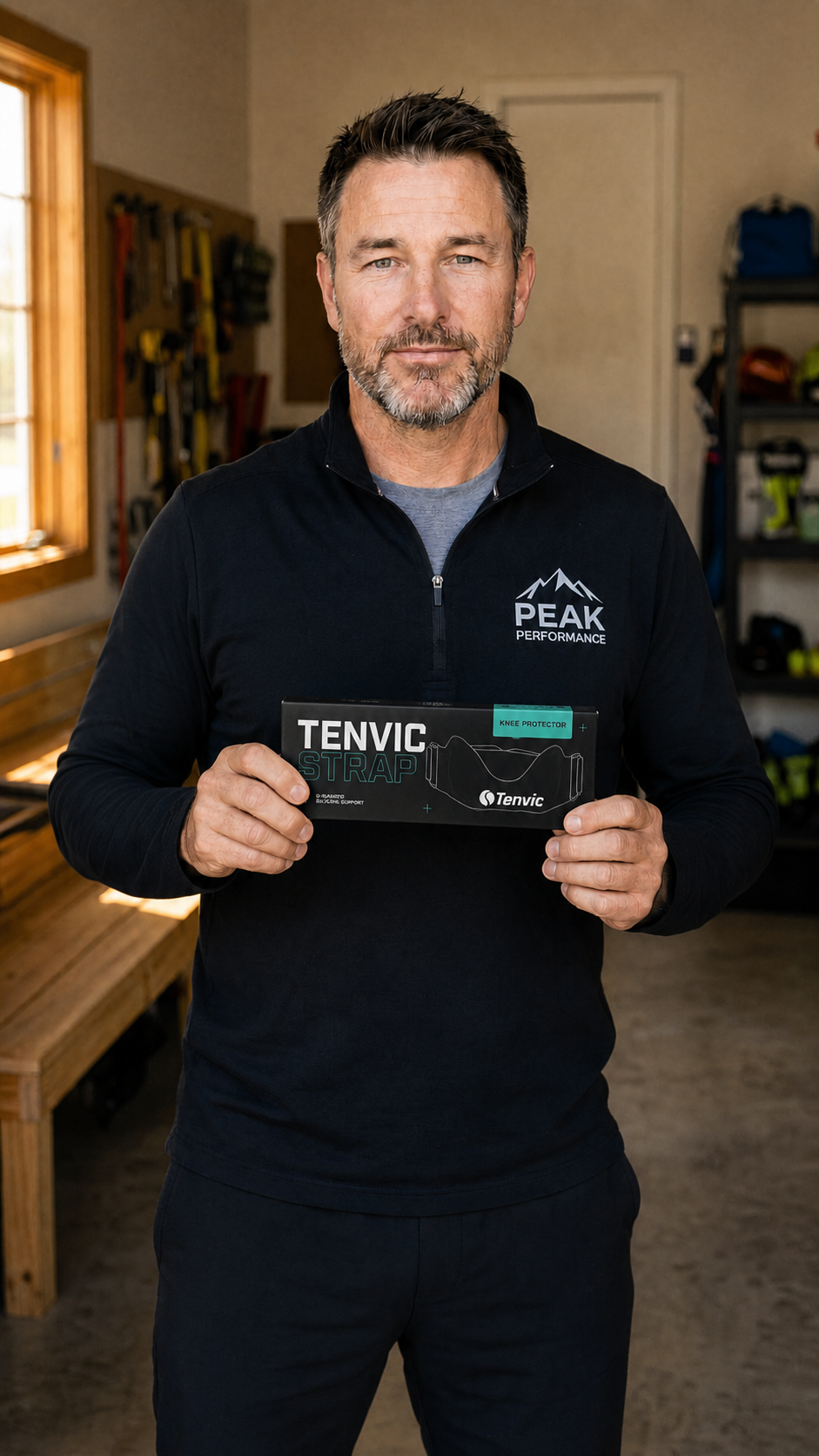 Mark holding the Tenvic Strap knee support