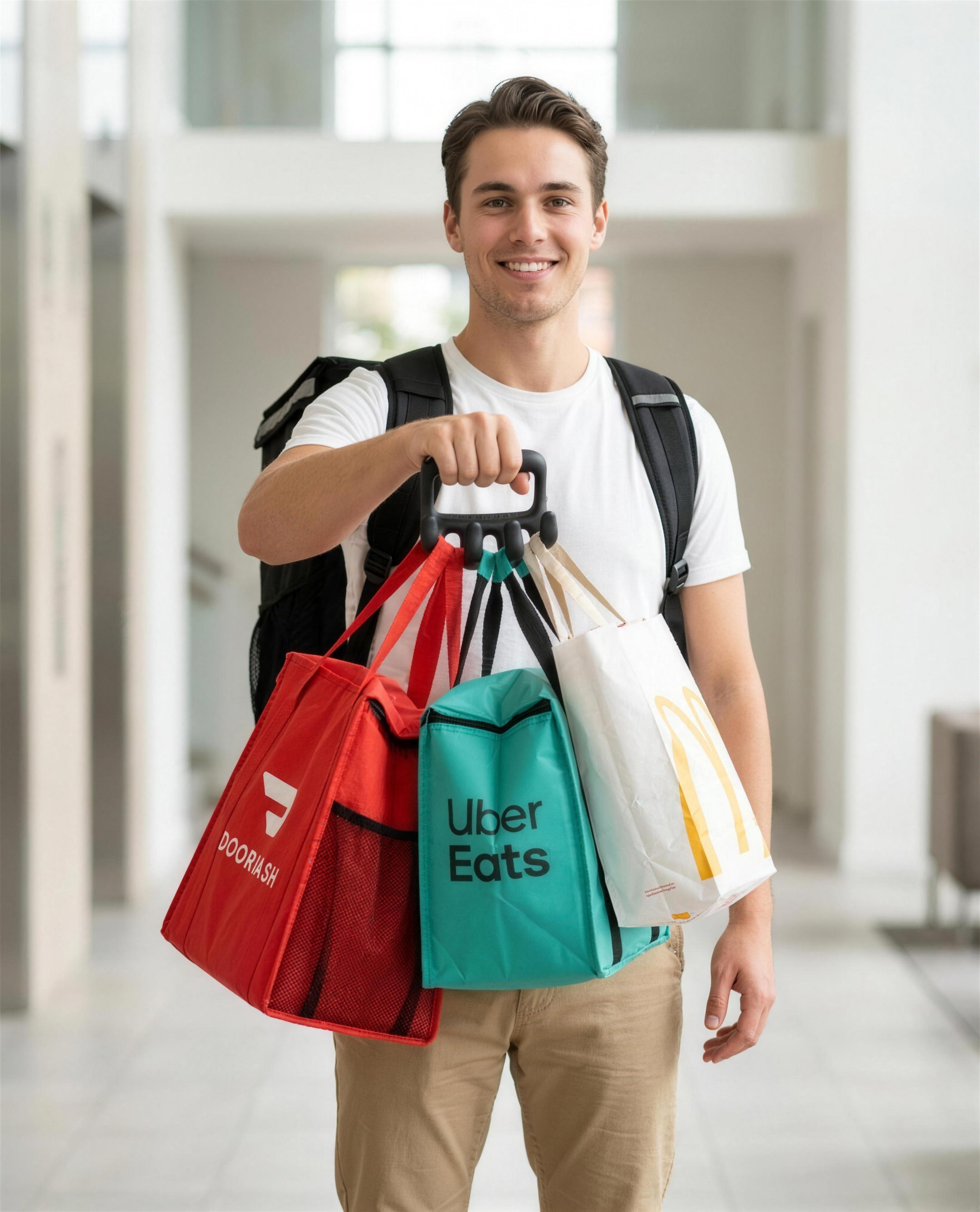 Delivery courier carrying several insulated delivery bags on a GRABSTA