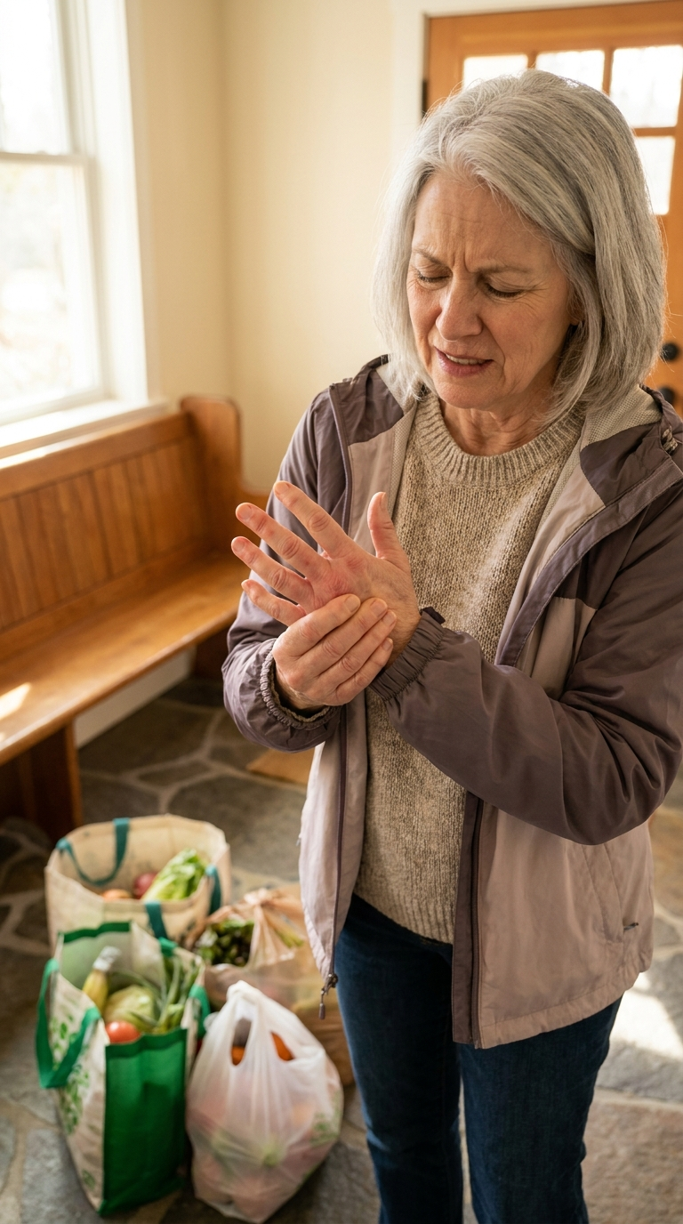 Person rubbing a tired hand after carrying heavy grocery bags