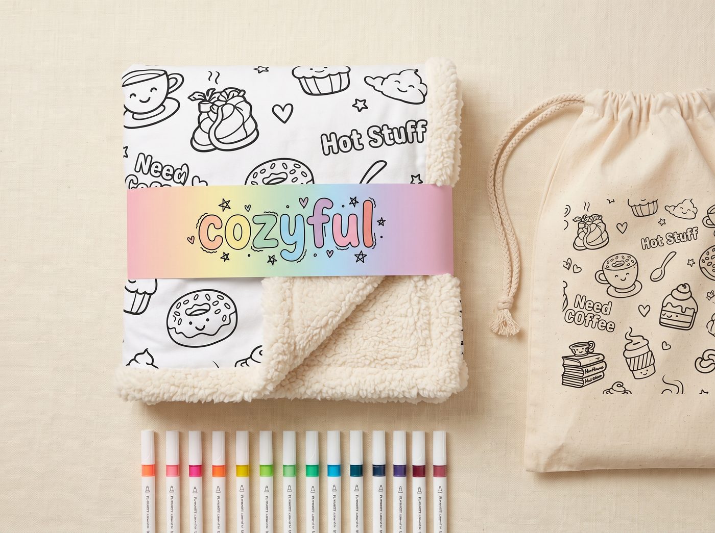 Comes with markers and the blanket, ready for gift giving.