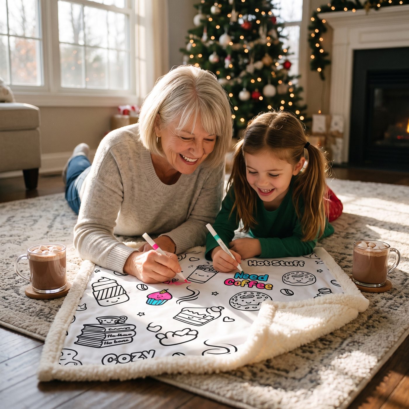 We sit on the floor, open the blanket, and color for hours.