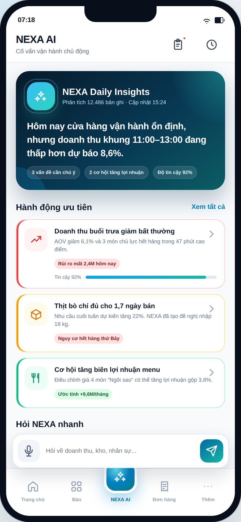 Màn hình NEXA AI trong ứng dụng NexPOS: bản tin vận hành và các hành động ưu tiên