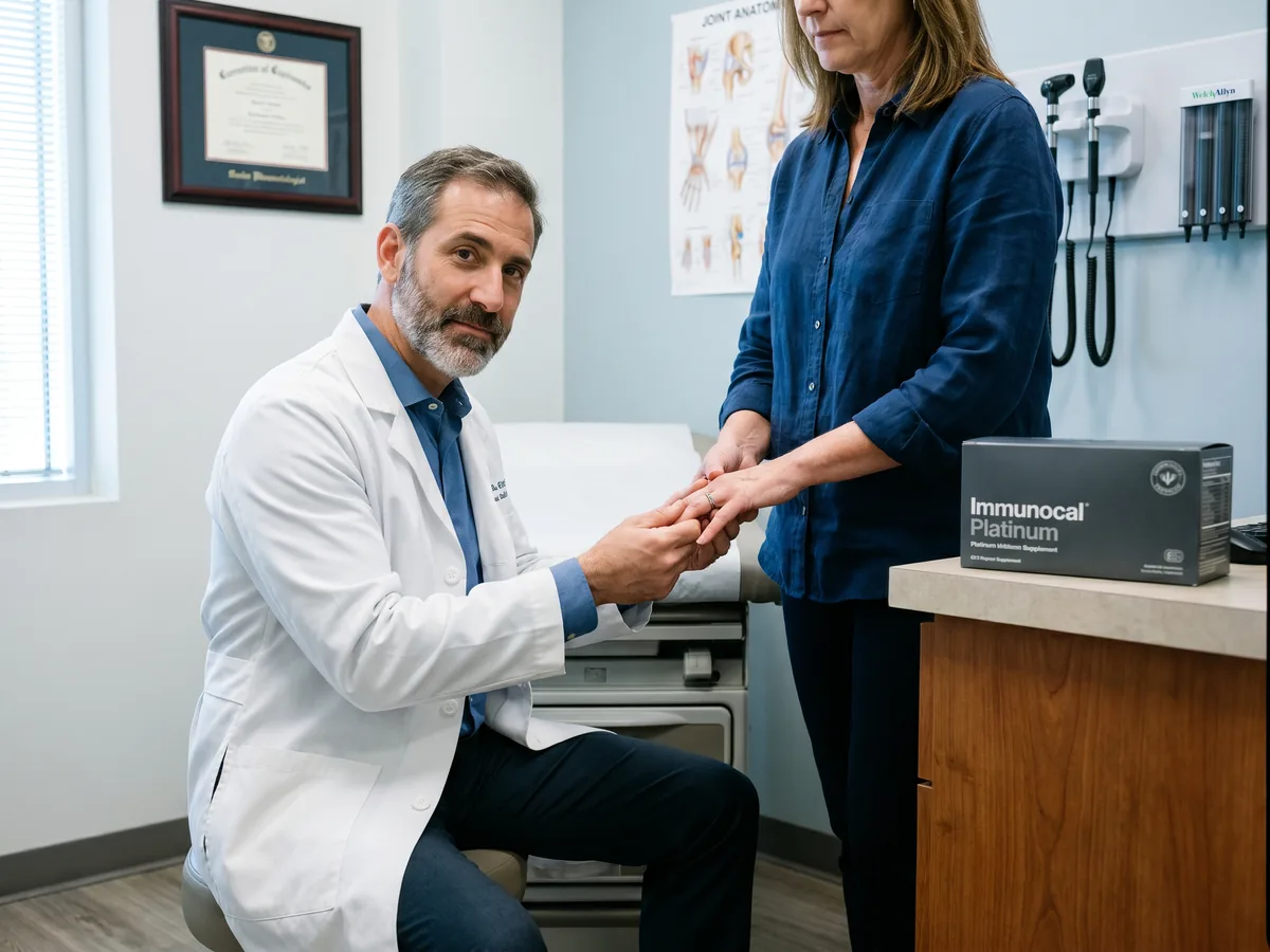 A rheumatologist examines Linda's hand at his US practice, with the Immunocal Platinum box visible on the counter