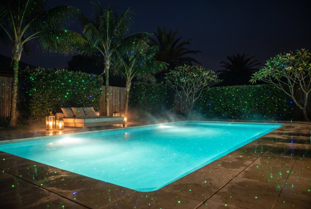 Poolside Australian garden covered in green and blue laser stars at night