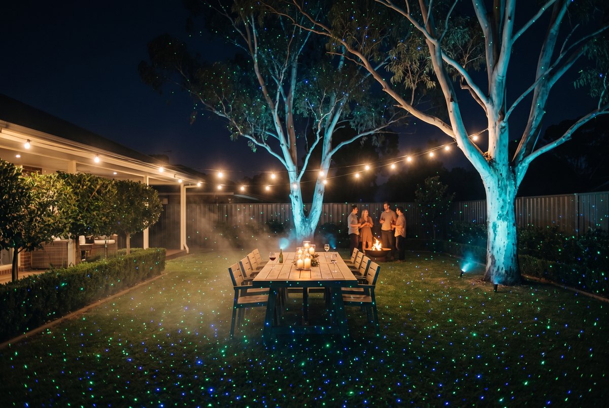 Backyard dinner party with friends at a table and green and blue laser stars across the trees behind them