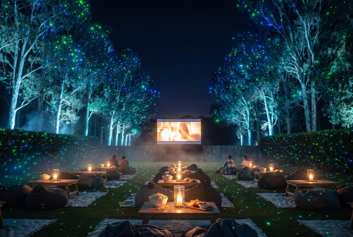 Backyard movie night with a projector screen and green and blue laser stars across the garden