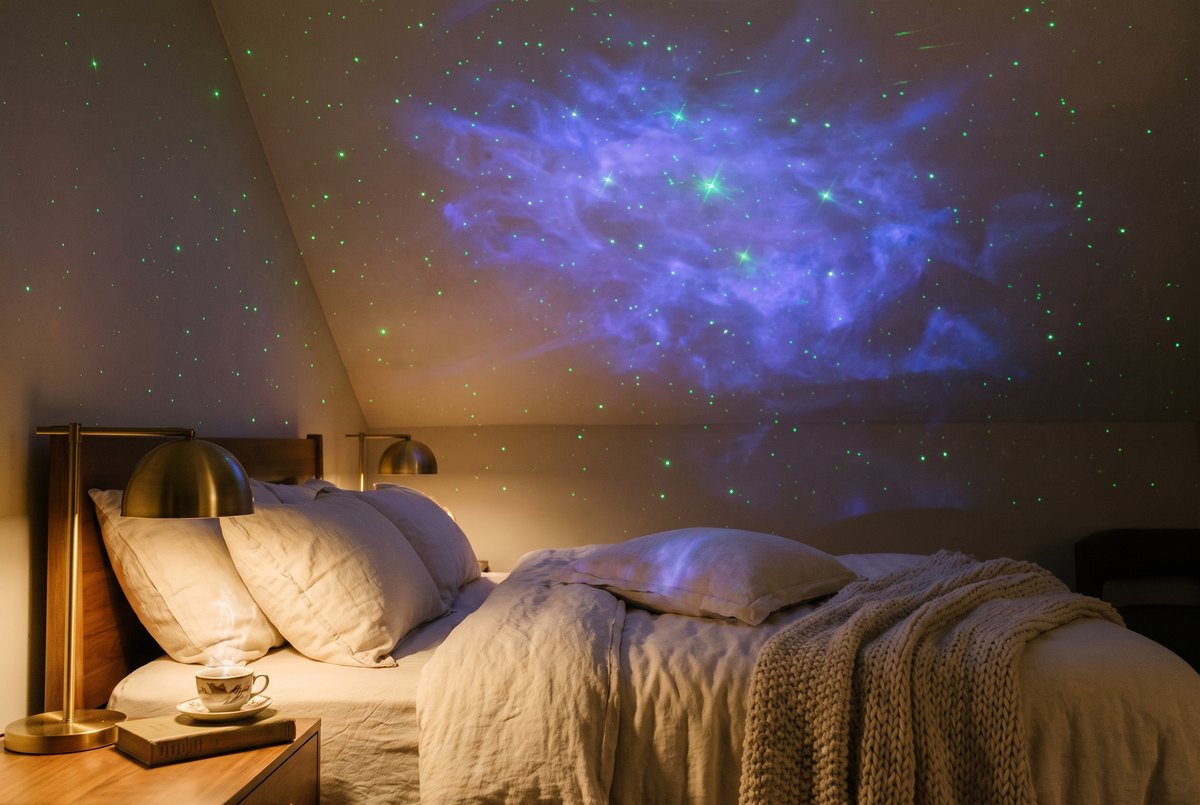 Green laser pinpoint stars and a soft blue nebula cloud from The Aurora Laser Star Light on a bedroom ceiling