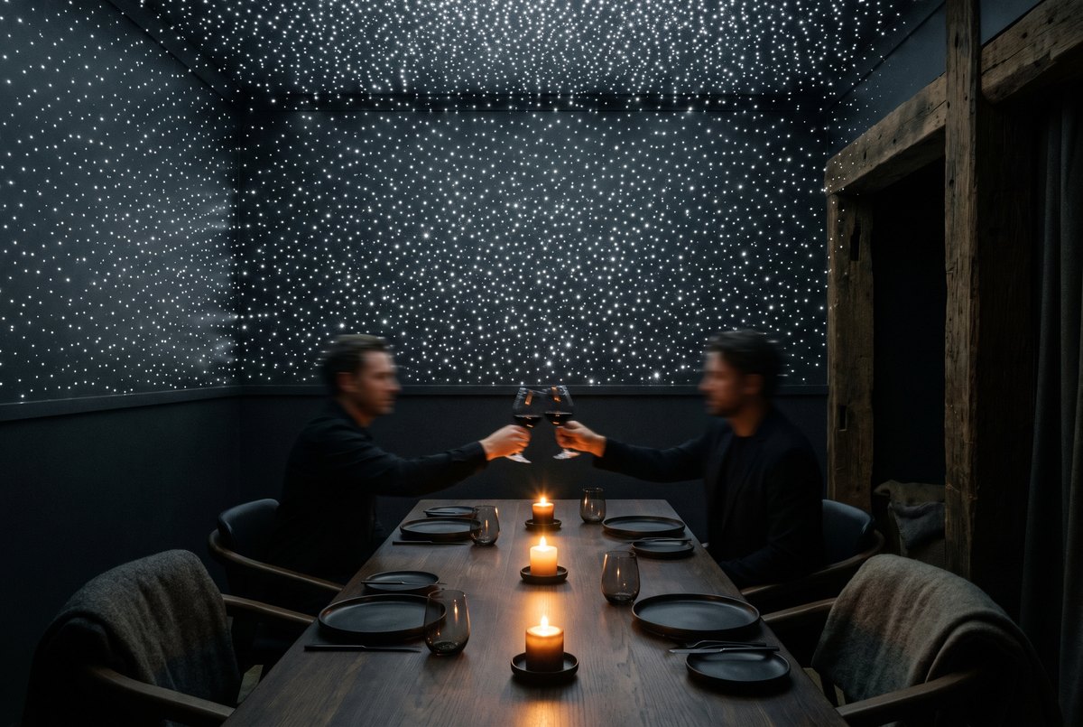 Pure white pinpoint laser stars from the White Star Crystal Laser across a dining room ceiling
