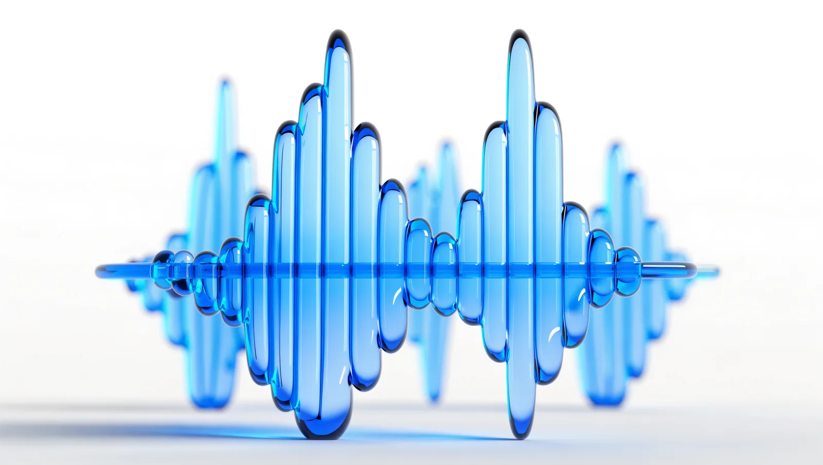 A large translucent blue glass audio waveform on a soft white background, with a second waveform blurred behind it