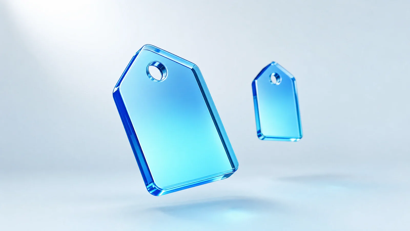 Two translucent blue glass price tags of different sizes, representing open and target commission rates